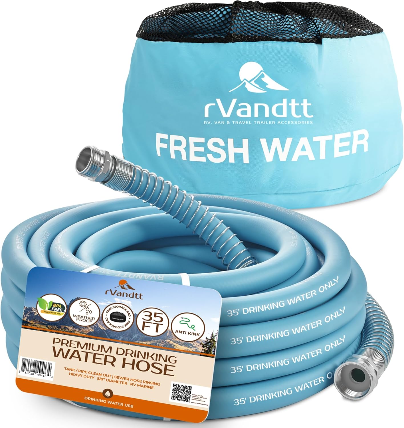 rVandtt - Grey/Black Sanitation Water Hose - Durable RV Accessories with Storage Bag - Camper Water Hose, No-Kink Design for Easy Water Flow - Heavy-Duty, UV-Resistant Hose - 35ft 5/8" diameter